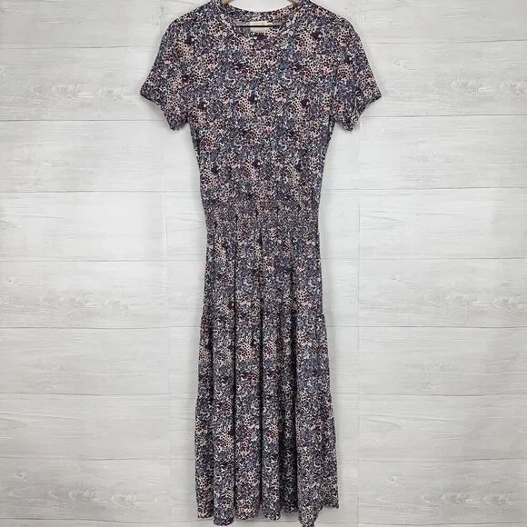 Nation LTD Martine Knit Midi Dress Size Small Floral Print Tiered Smocked Waist - Picture 2 of 16